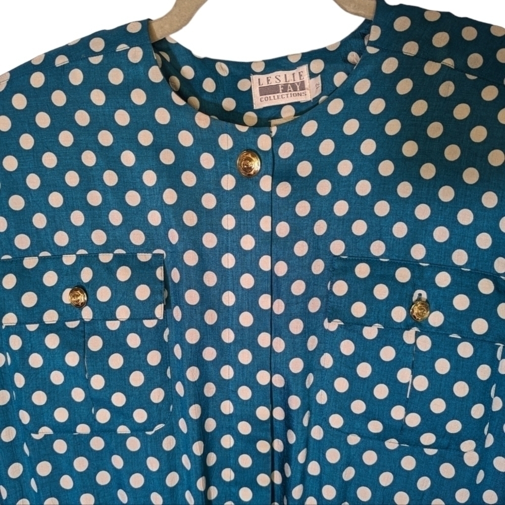 Vintage 80s Leslie Fay Teal White Polka Dot Midi Dress Drawstring 12 - Picture 11 of 12